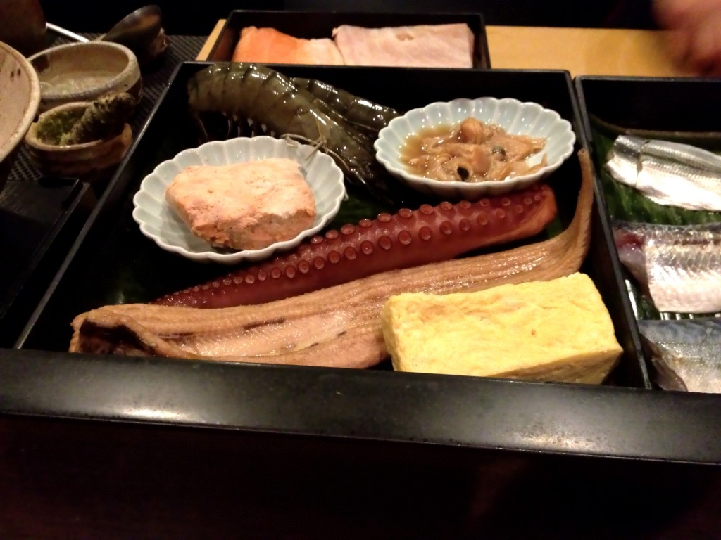 Top to Bottom:  Kuruma Ebi (Wheel Shrimp), Hamaguri (Common Orient Clam), Ankimo (Monkfish Liver), Tako (Octopus), Anago (Sea Eel), Tamagoyaki (Grilled Egg) @ Sushi Taro (© 2013 The Offalo)
