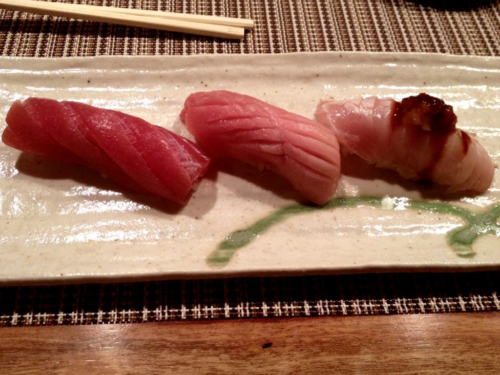 Honmaguro (Bluefin Tuna), Chutoro (Medium Fatty Tuna), and Albacore Belly at Shunji (© 2012 The Offalo)